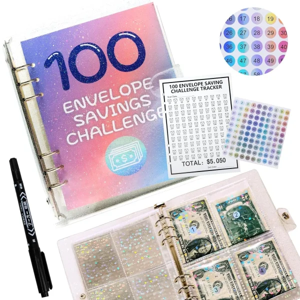 100 Envelopes Money Saving Challenge, 2024 New & Shiny 100 Envelope Challenge Binder, Easy and Funny Way to Save $5,050 Budget Planner, 100-Day Envelope Challenge Kit Money Saving Binder