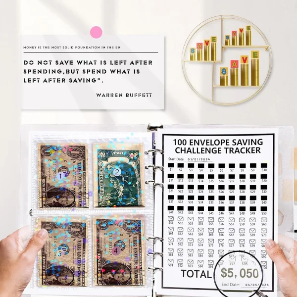 100 Envelopes Money Saving Challenge, 2024 New & Shiny 100 Envelope Challenge Binder, Easy and Funny Way to Save $5,050 Budget Planner, 100-Day Envelope Challenge Kit Money Saving Binder - Image 3