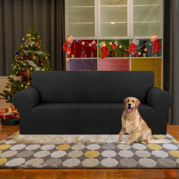 Stretch Sofa Cover Slipcover ，Couch Covers for 3 Cushion Couch Sofa pet Friendly (79"-94") Furniture Protector Sofa with Elastic Bottom for Kids,Dog, Jacquard Small Checked(Large,Black) - Image 4