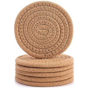 6 Pcs Coasters for Drinks,Super Absorbent Drink Coasters, Stylish Handmade Round Woven Coaster for Coffee Table Tabletop Protection Housewarming Gift for Home Decor - 4.3 Inches, Brown
