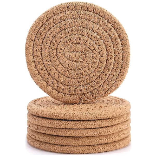 6 Pcs Coasters for Drinks,Super Absorbent Drink Coasters, Stylish Handmade Round Woven Coaster for Coffee Table Tabletop Protection Housewarming Gift for Home Decor - 4.3 Inches, Brown