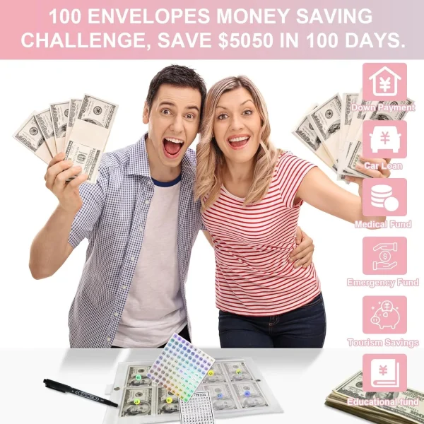 100 Envelopes Money Saving Challenge, 2024 New & Shiny 100 Envelope Challenge Binder, Easy and Funny Way to Save $5,050 Budget Planner, 100-Day Envelope Challenge Kit Money Saving Binder - Image 2