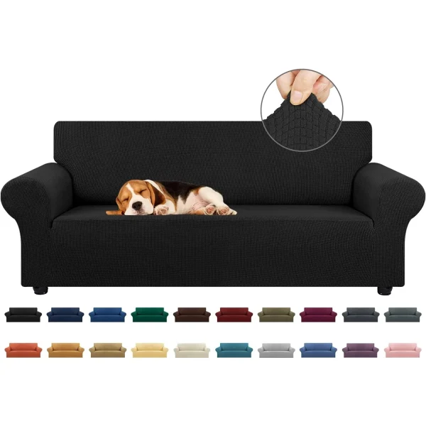 Stretch Sofa Cover Slipcover ，Couch Covers for 3 Cushion Couch Sofa pet Friendly (79"-94") Furniture Protector Sofa with Elastic Bottom for Kids,Dog, Jacquard Small Checked(Large,Black)