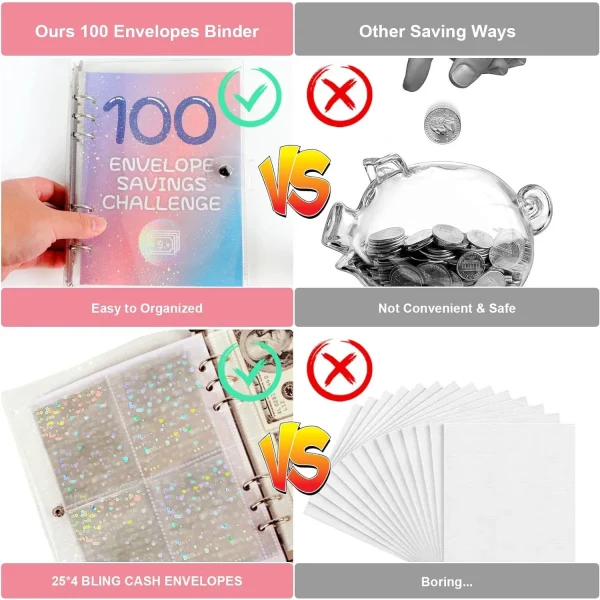 100 Envelopes Money Saving Challenge, 2024 New & Shiny 100 Envelope Challenge Binder, Easy and Funny Way to Save $5,050 Budget Planner, 100-Day Envelope Challenge Kit Money Saving Binder - Image 4