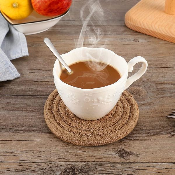 6 Pcs Coasters for Drinks,Super Absorbent Drink Coasters, Stylish Handmade Round Woven Coaster for Coffee Table Tabletop Protection Housewarming Gift for Home Decor - 4.3 Inches, Brown - Image 2
